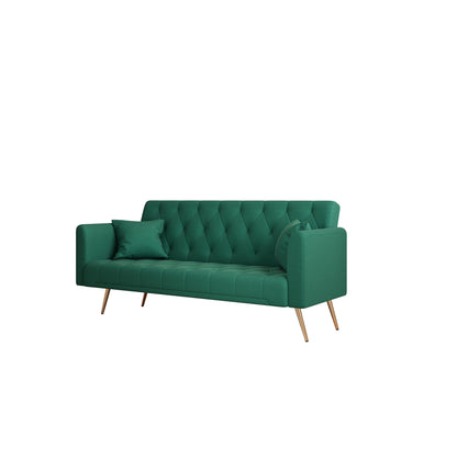 Green 71 Velvet Convertible 3-seater Sofa Bed with Two Throw Pillows and Metal Legs for Living Room