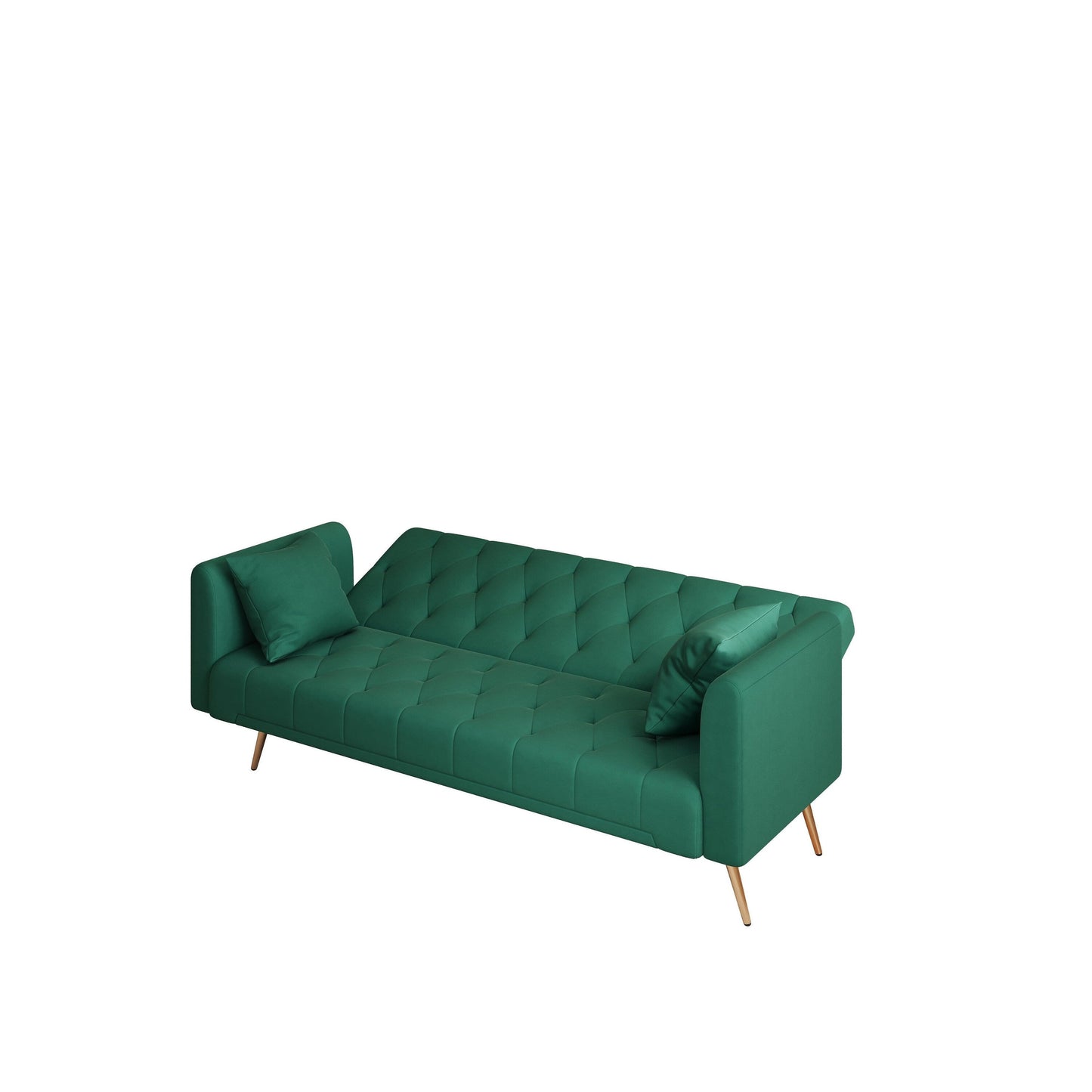Green 71 Velvet Convertible 3-seater Sofa Bed with Two Throw Pillows and Metal Legs for Living Room