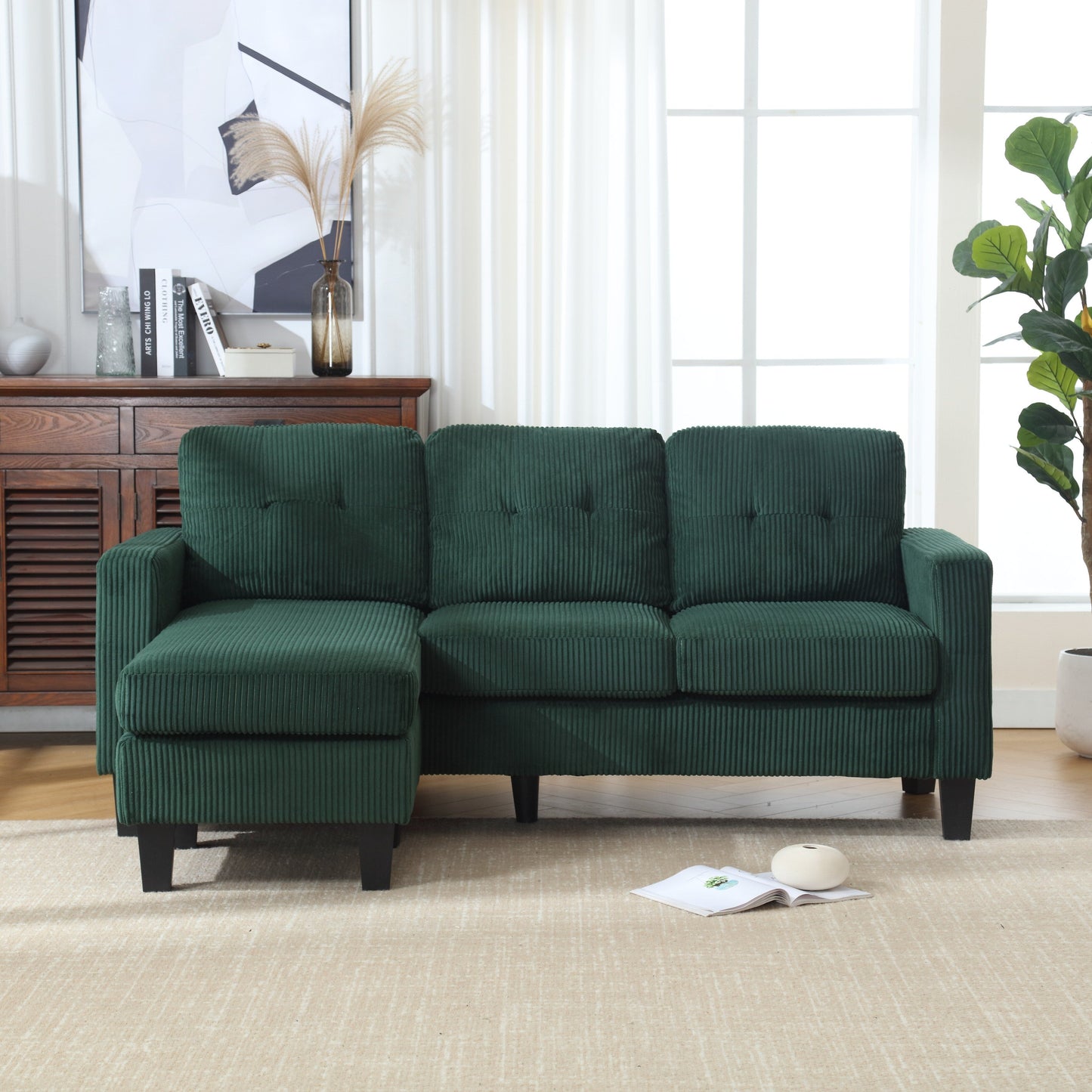 Green 73.62'' Velvet L-Shaped 3 Seater Sofa Couch with Reversible Chaise, for Small Spaces, Pet-Friendly, Easy Assembly