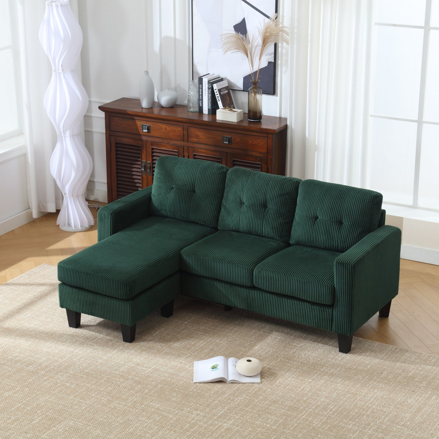 Green 73.62'' Velvet L-Shaped 3 Seater Sofa Couch with Reversible Chaise, for Small Spaces, Pet-Friendly, Easy Assembly