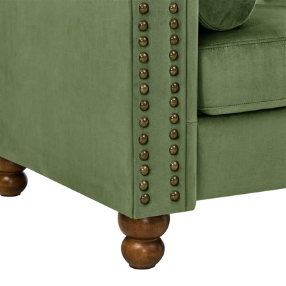 Green 74.5 Velvet 3-Seater Sofa with Button Tufted Backrest, Scrolled Arms, Turned Legs, and Classic Design