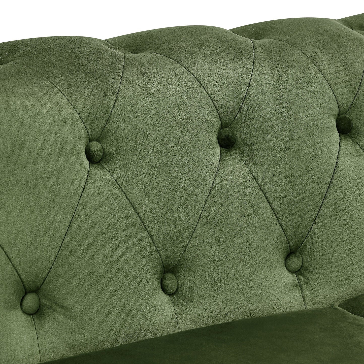 Green 74.5 Velvet 3-Seater Sofa with Button Tufted Backrest, Scrolled Arms, Turned Legs, and Classic Design