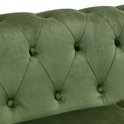 Green 74.5 Velvet 3-Seater Sofa with Button Tufted Backrest, Scrolled Arms, Turned Legs, and Classic Design