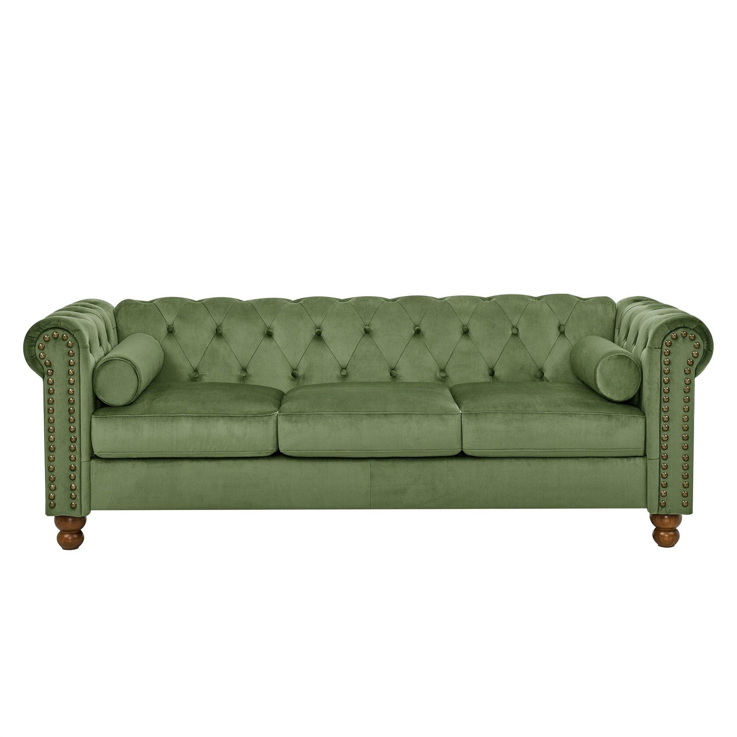 Green 74.5 Velvet 3-Seater Sofa with Button Tufted Backrest, Scrolled Arms, Turned Legs, and Classic Design