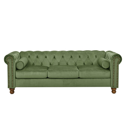 Green 74.5 Velvet 3-Seater Sofa with Button Tufted Backrest, Scrolled Arms, Turned Legs, and Classic Design