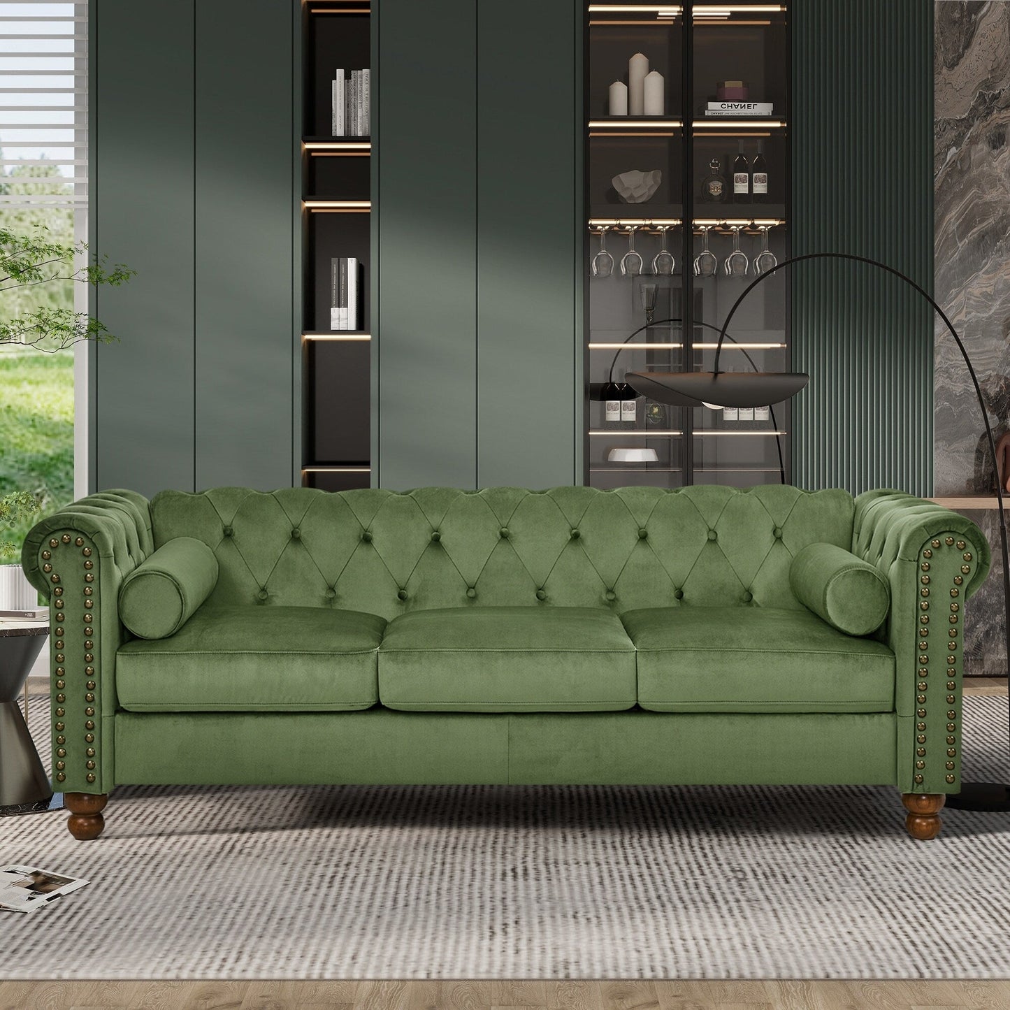 Green 74.5 Velvet 3-Seater Sofa with Button Tufted Backrest, Scrolled Arms, Turned Legs, and Classic Design