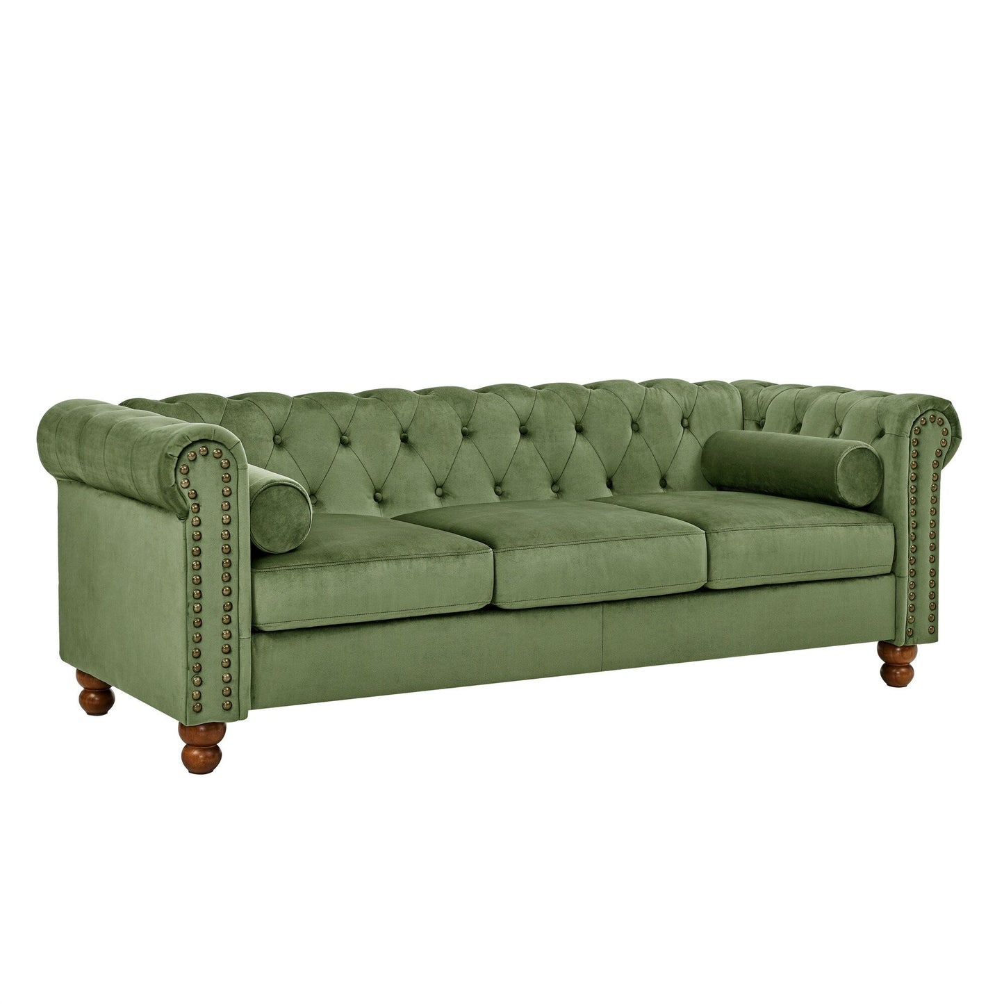 Green 74.5 Velvet 3-Seater Sofa with Button Tufted Backrest, Scrolled Arms, Turned Legs, and Classic Design