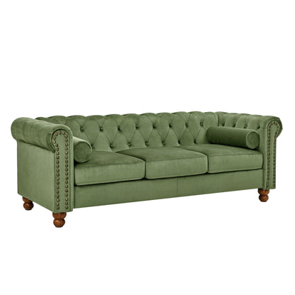Green 74.5 Velvet 3-Seater Sofa with Button Tufted Backrest, Scrolled Arms, Turned Legs, and Classic Design