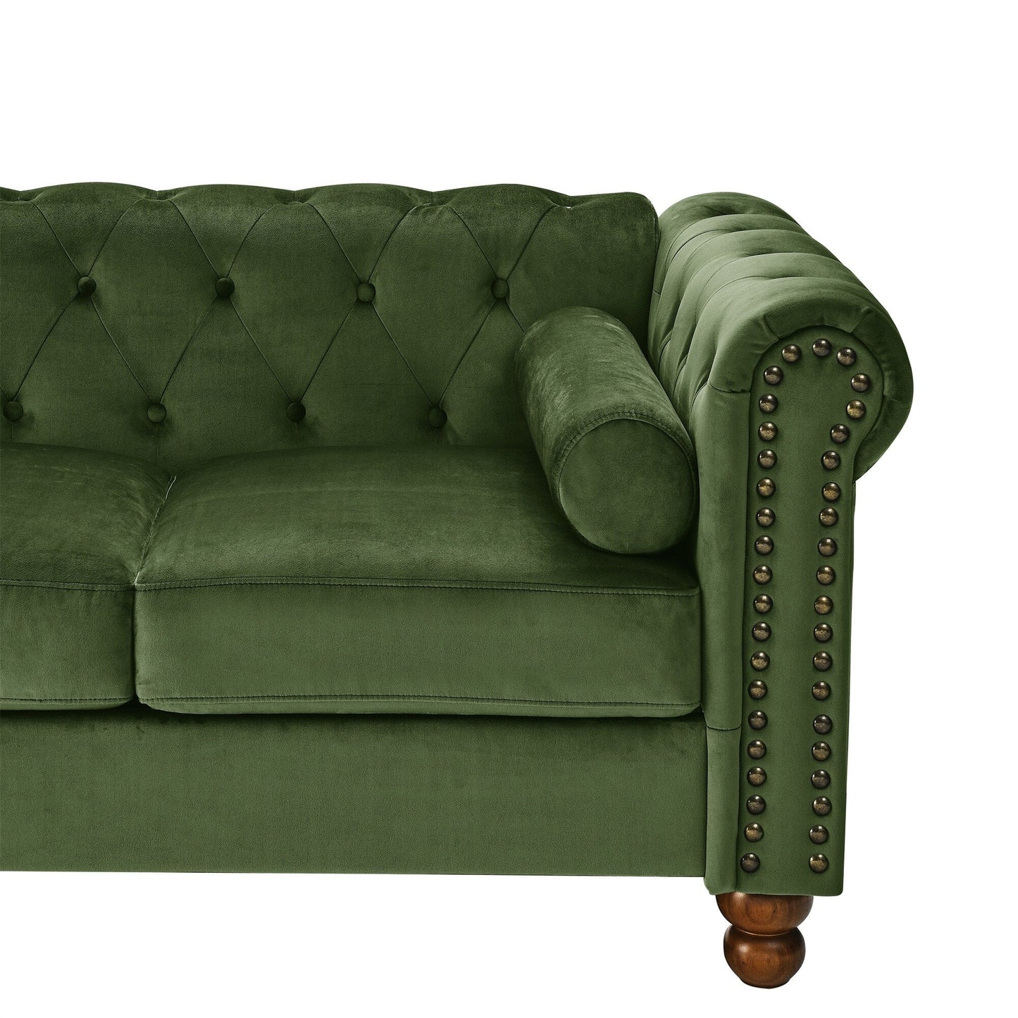 Green 74.5 Velvet 3-Seater Sofa with Button Tufted Backrest, Scrolled Arms, Turned Legs, and Classic Design