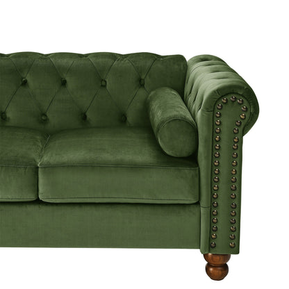 Green 74.5 Velvet 3-Seater Sofa with Button Tufted Backrest, Scrolled Arms, Turned Legs, and Classic Design