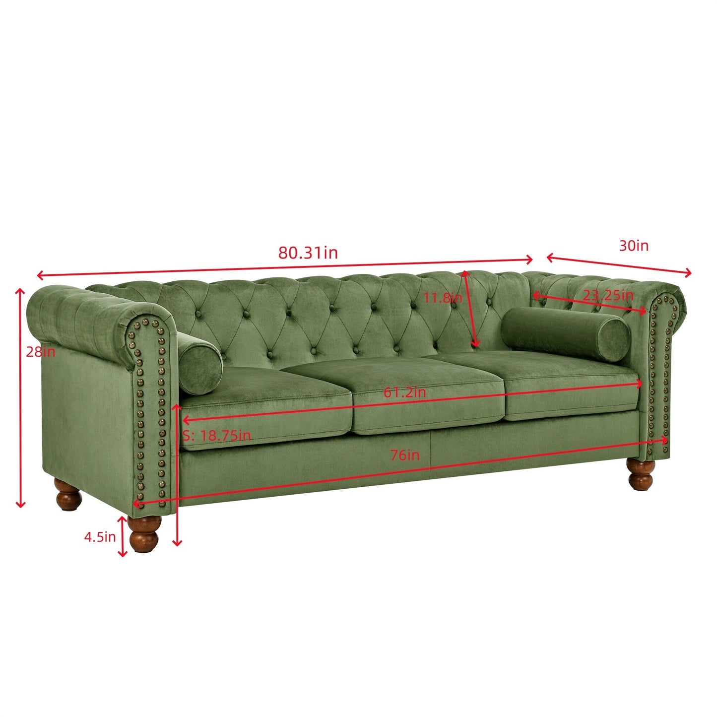 Green 74.5 Velvet 3-Seater Sofa with Button Tufted Backrest, Scrolled Arms, Turned Legs, and Classic Design