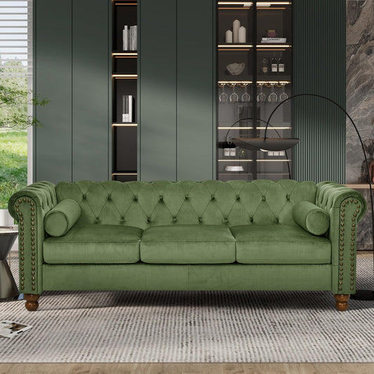 Green 74.5'' Velvet 3-Seater Sofa with Button Tufting, Nailhead Accents, and Turned Legs