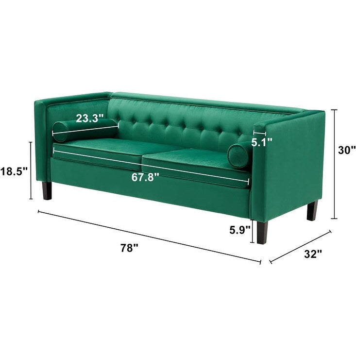 Green 78'' Velvet 3-Seater Sofa with Bolster Cushions, Wooden Legs, and Easy Tool-Free Assembly