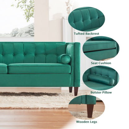 Green 78'' Velvet 3-Seater Sofa with Bolster Cushions, Wooden Legs, and Easy Tool-Free Assembly