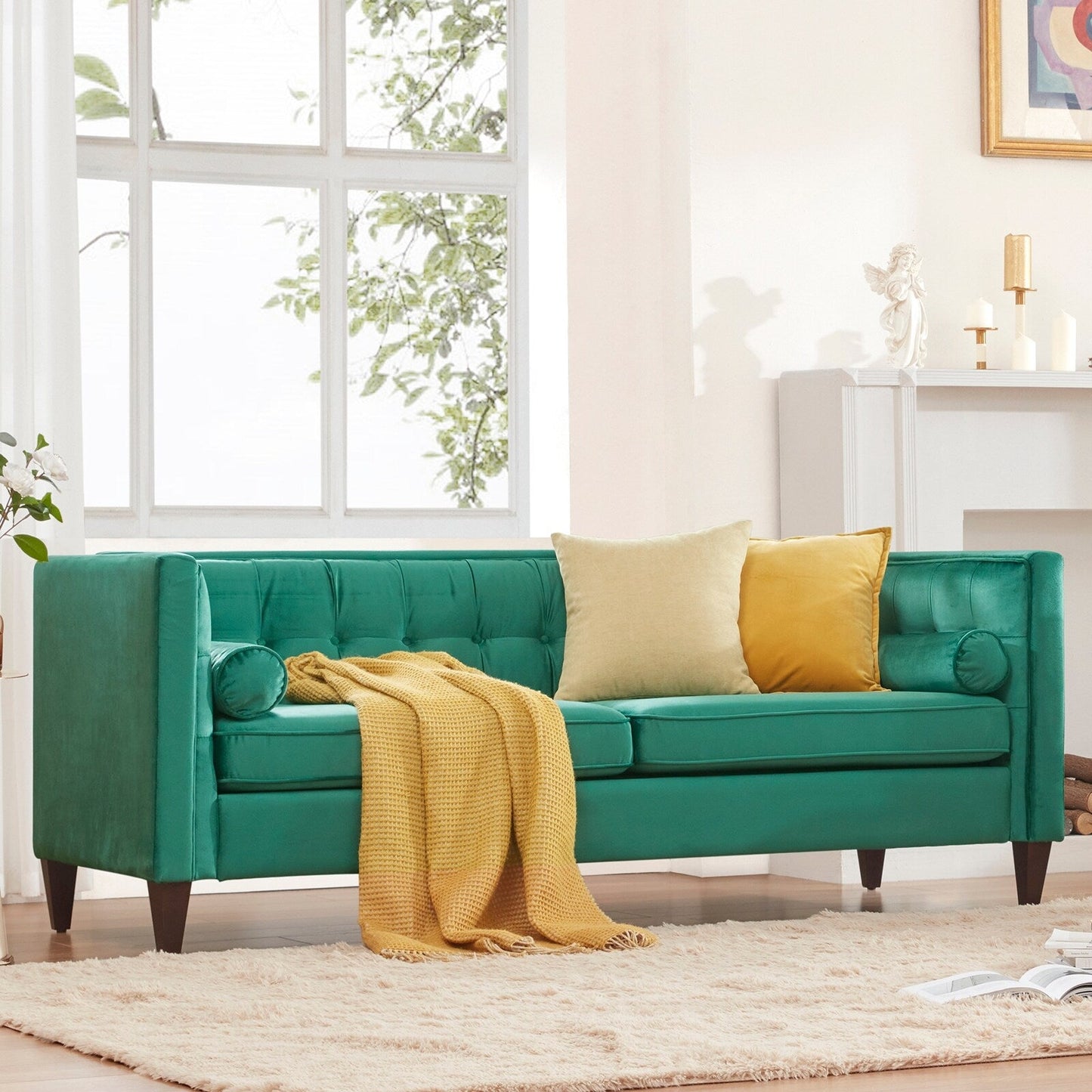 Green 78'' Velvet 3-Seater Sofa with Bolster Cushions, Wooden Legs, and Easy Tool-Free Assembly