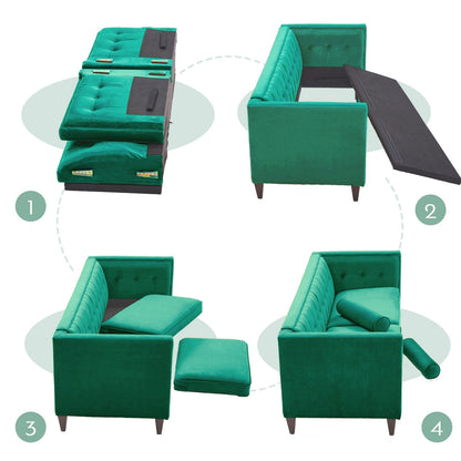 Green 78'' Velvet 3-Seater Sofa with Bolster Cushions, Wooden Legs, and Easy Tool-Free Assembly