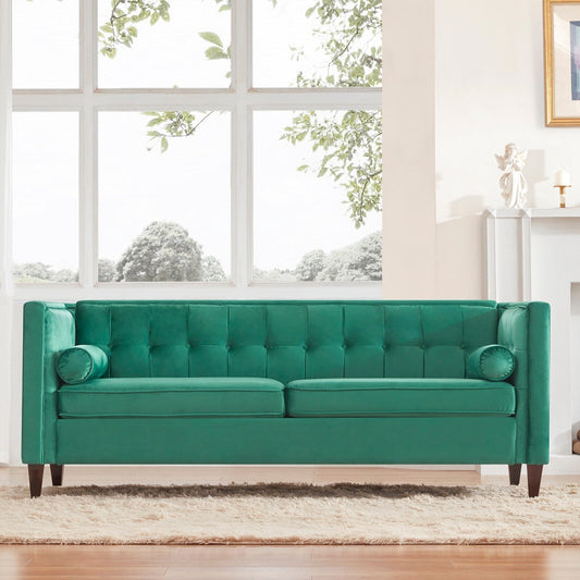 Green 78'' Velvet 3-Seater Sofa with Bolster Cushions, Wooden Legs, and Easy Tool-Free Assembly