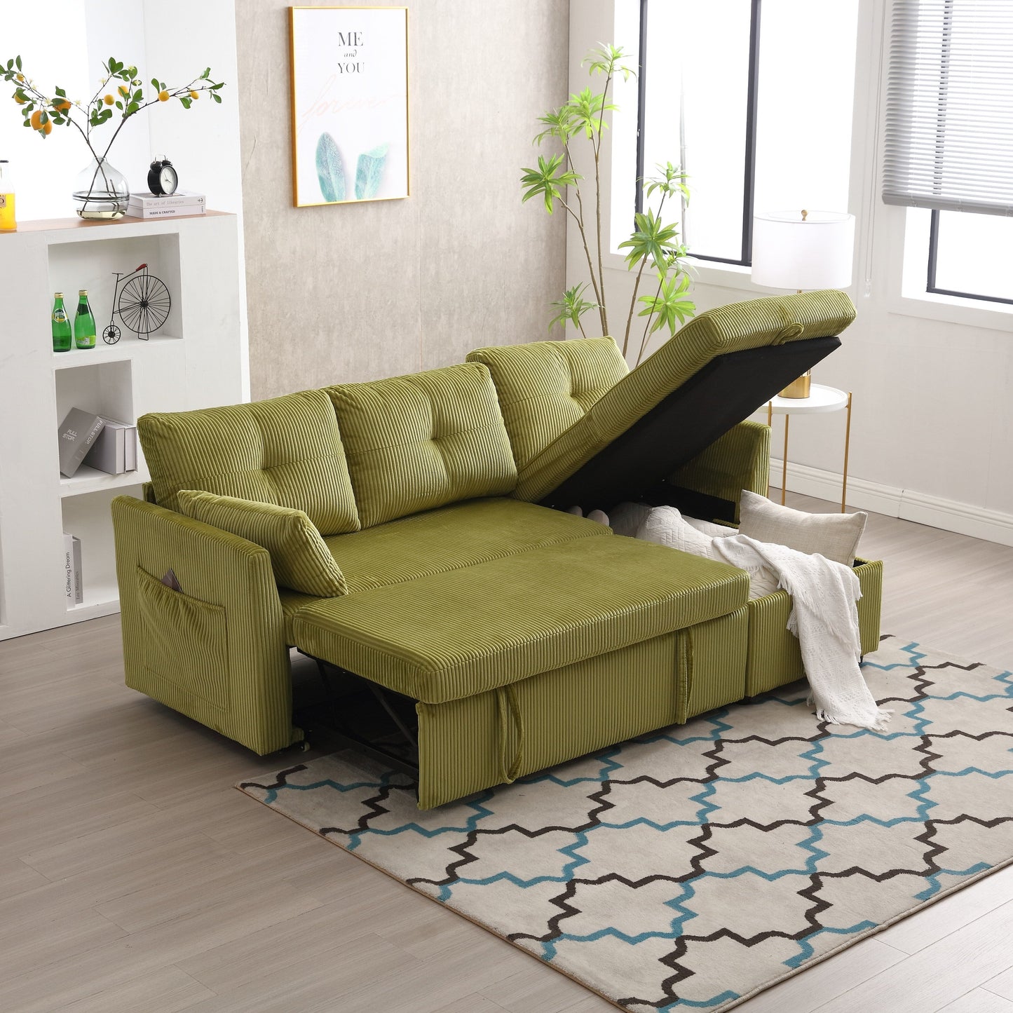Green 81.1 Fabric L-Shaped Sofa with Reversible Chaise, Storage, and Solid Wood Frame