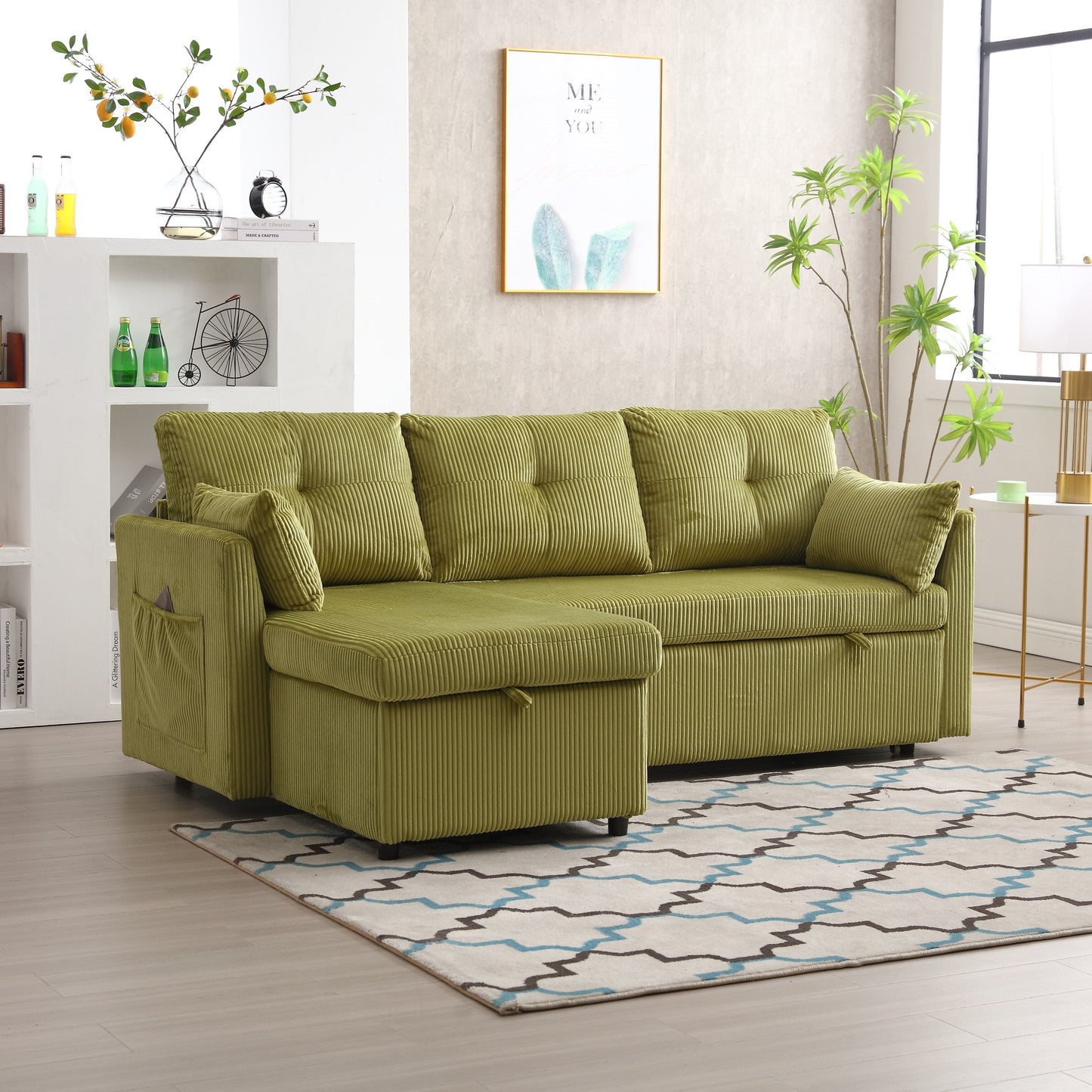 Green 81.1 Fabric L-Shaped Sofa with Reversible Chaise, Storage, and Solid Wood Frame