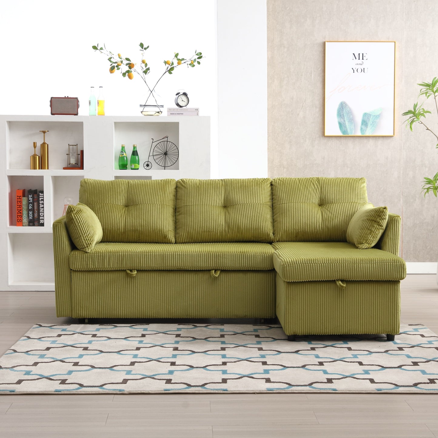 Green 81.1 Fabric L-Shaped Sofa with Reversible Chaise, Storage, and Solid Wood Frame