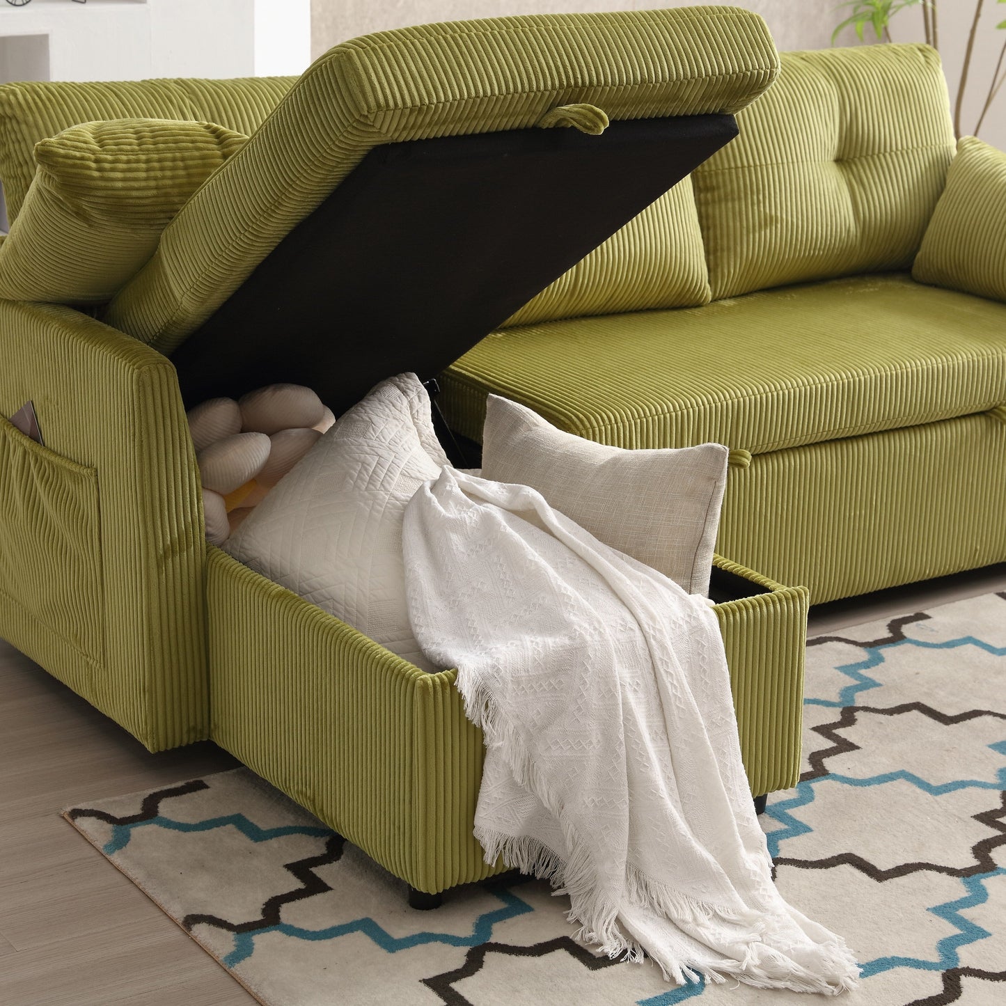 Green 81.1 Fabric L-Shaped Sofa with Reversible Chaise, Storage, and Solid Wood Frame