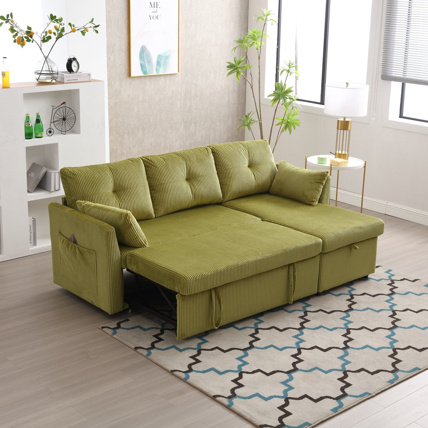 Green 81.1 Fabric L-Shaped Sofa with Reversible Chaise, Storage, and Solid Wood Frame
