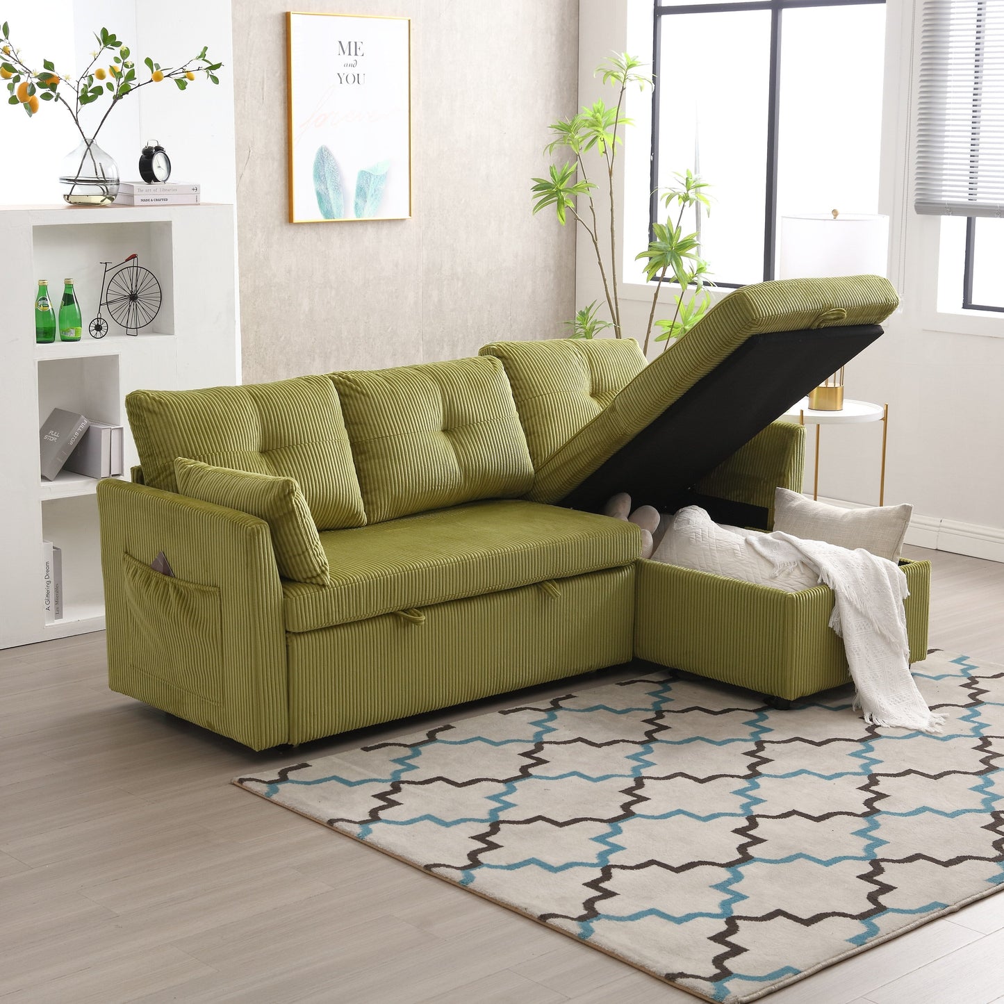Green 81.1 Fabric L-Shaped Sofa with Reversible Chaise, Storage, and Solid Wood Frame