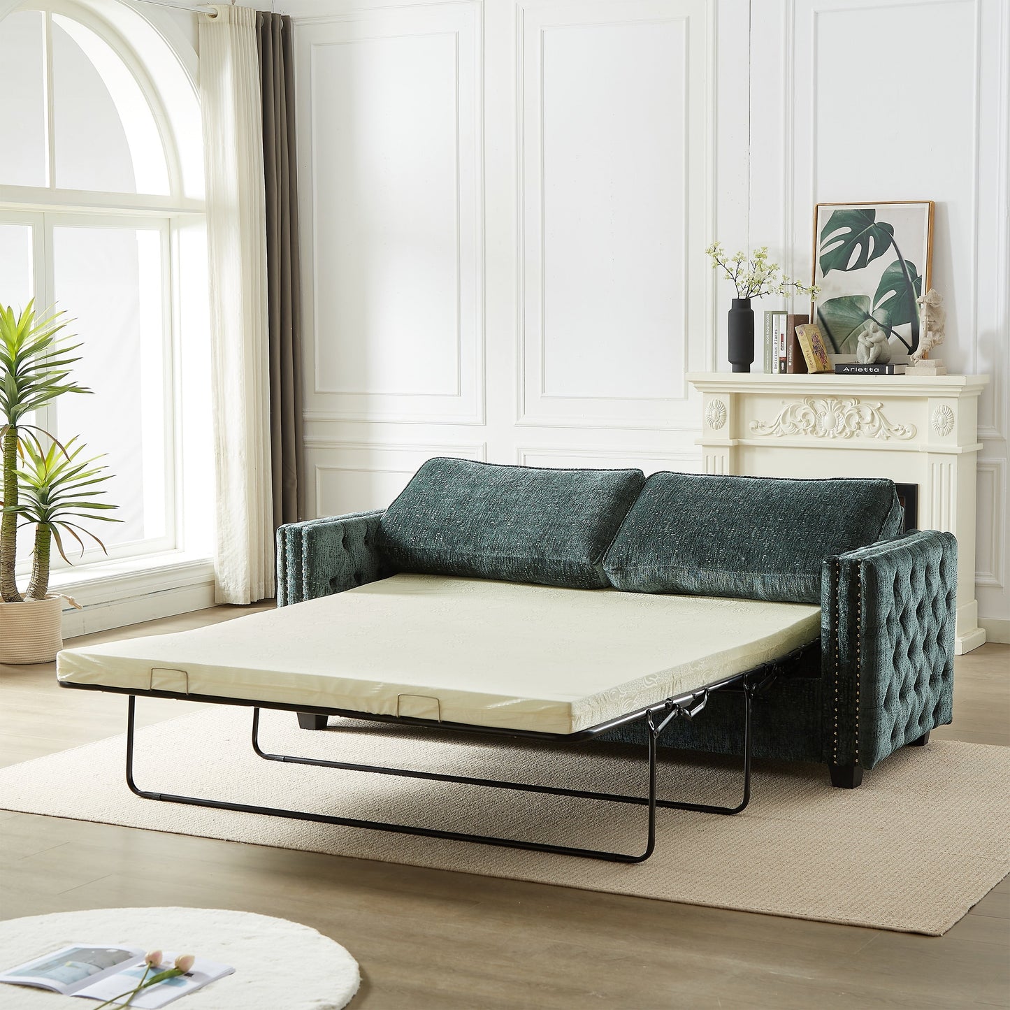 Green 81 Chenille Nailheads 3-seater Sleeper Sofa with Memory Foam Mattress for Living Room