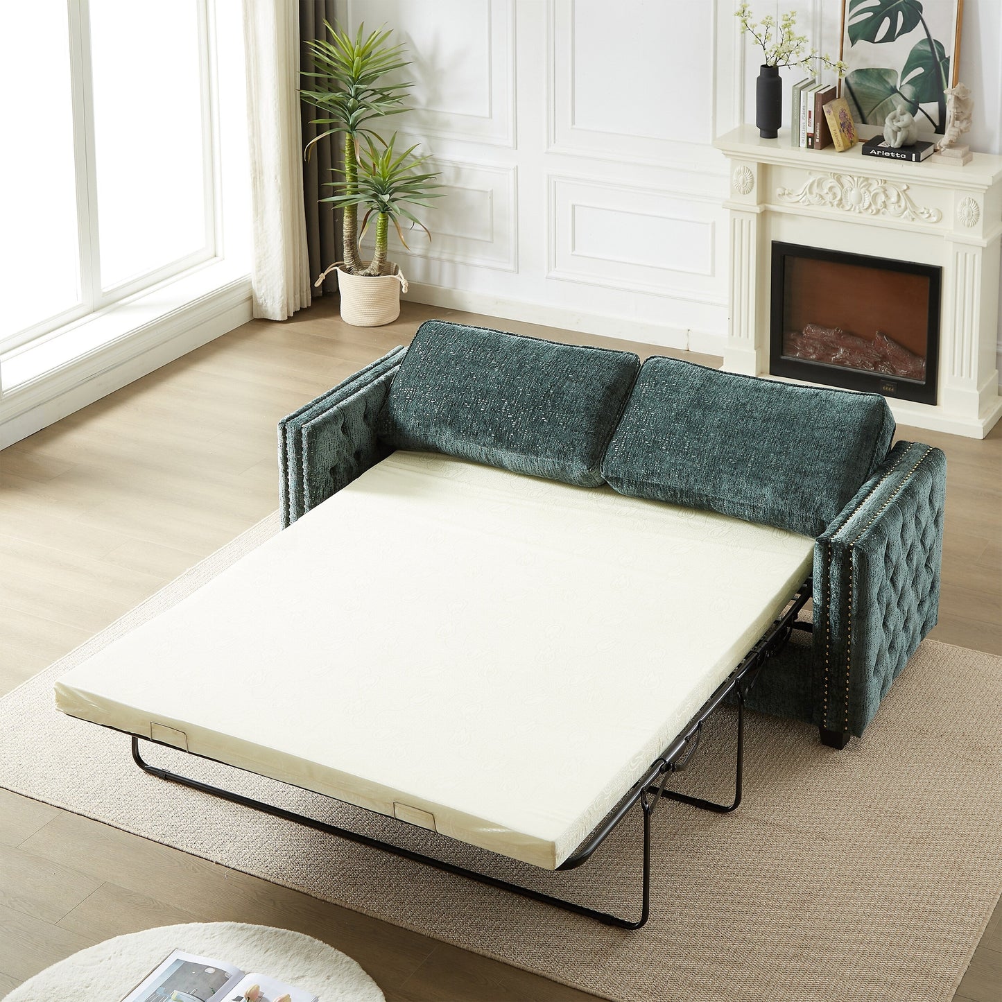 Green 81 Chenille Nailheads 3-seater Sleeper Sofa with Memory Foam Mattress for Living Room