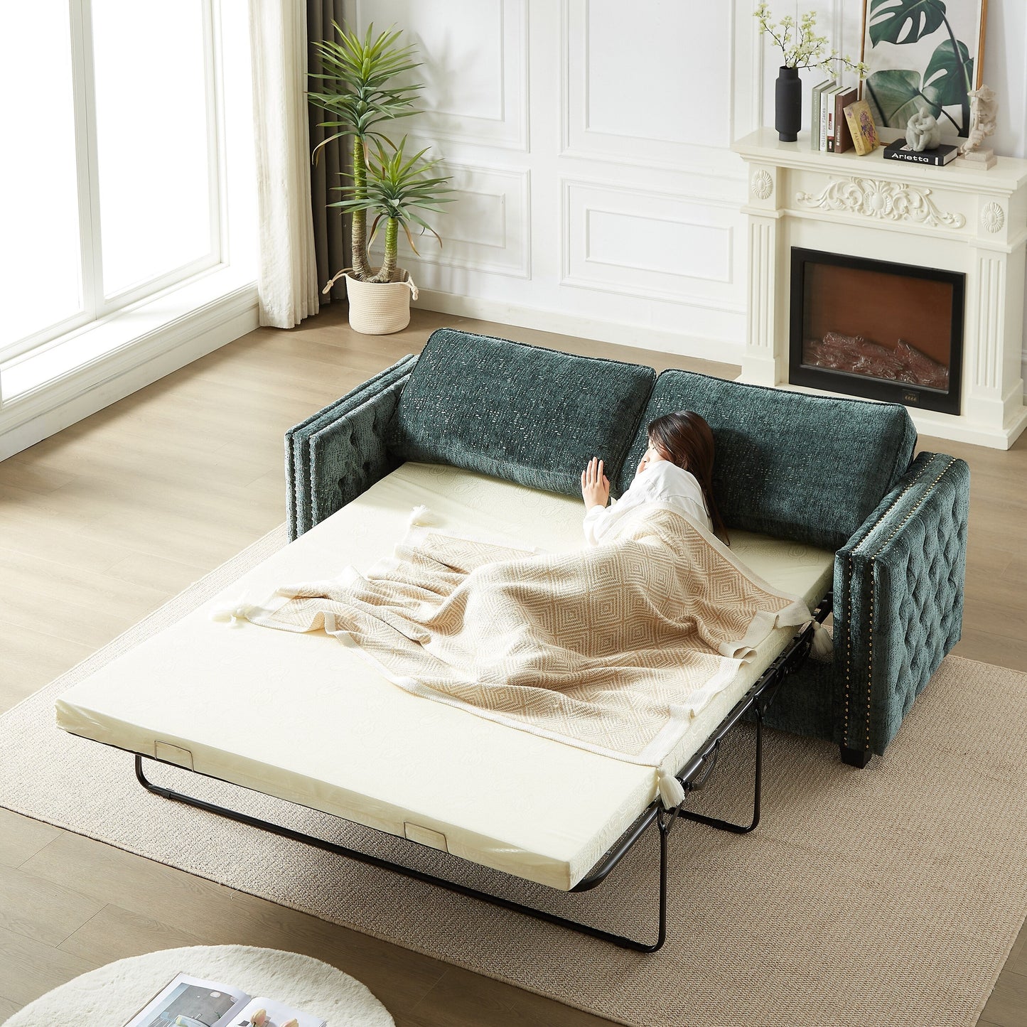 Green 81 Chenille Nailheads 3-seater Sleeper Sofa with Memory Foam Mattress for Living Room