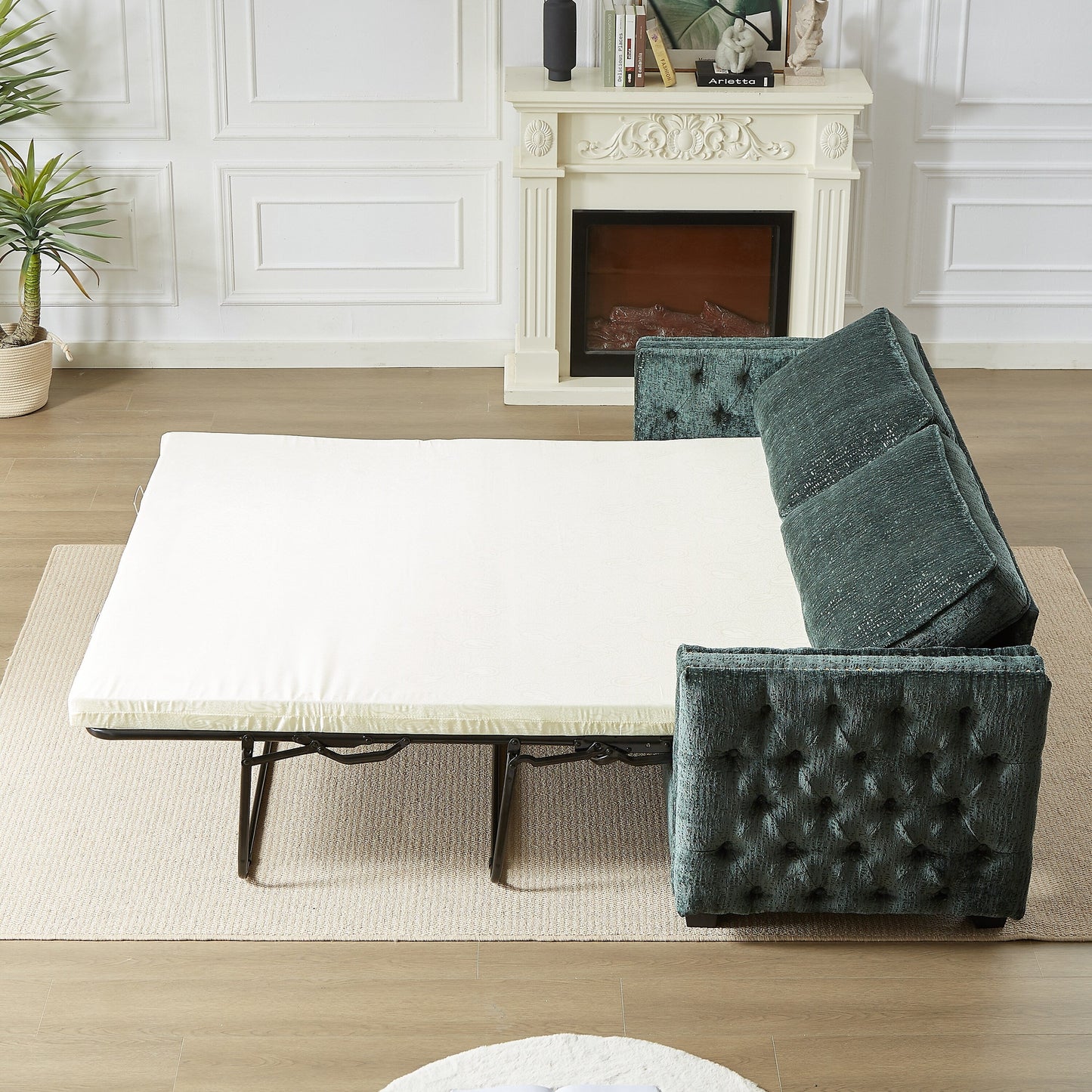 Green 81 Chenille Nailheads 3-seater Sleeper Sofa with Memory Foam Mattress for Living Room