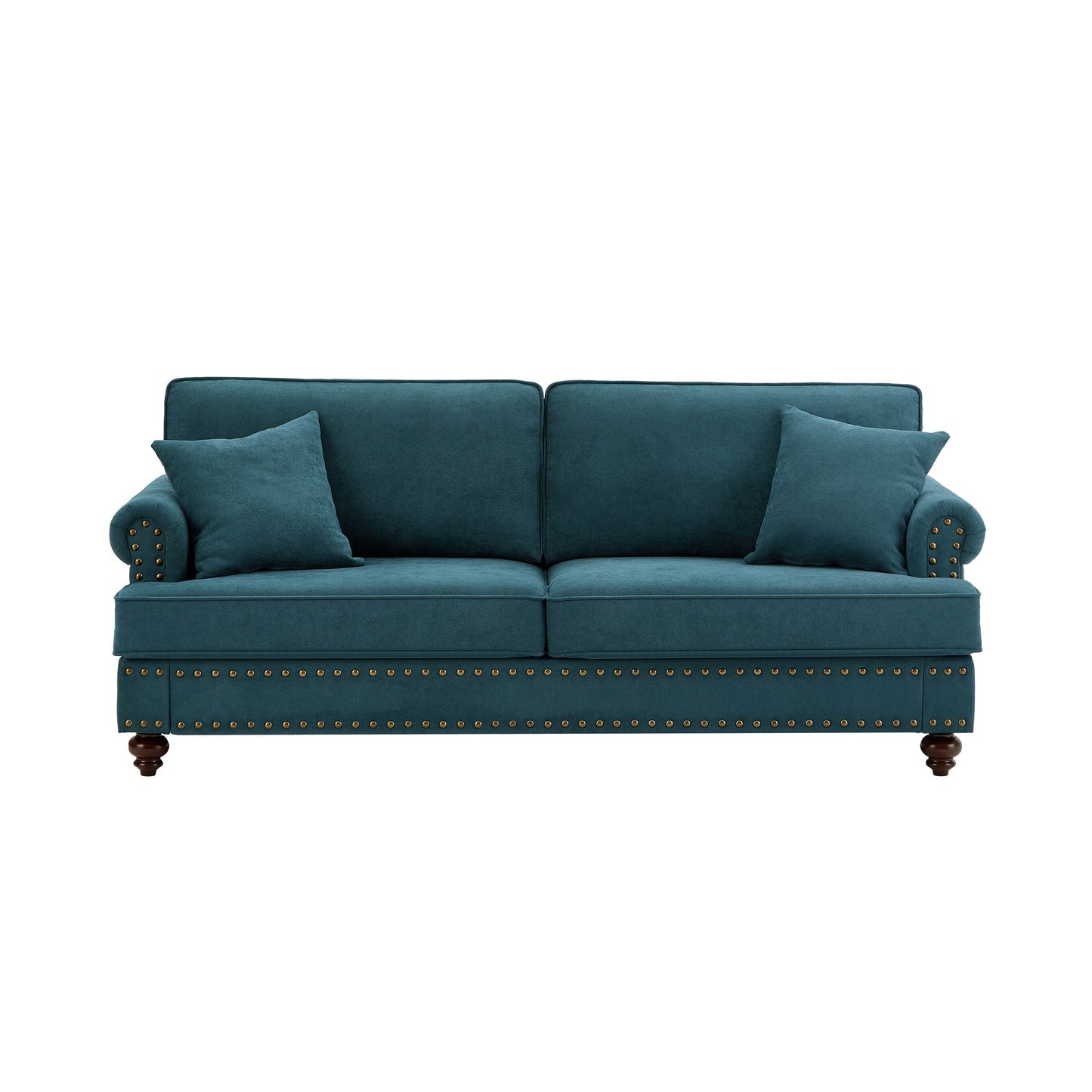Green 82Modern Chenille 3 Seater Sofa Couch, with Brown Legs, 2 Pillow and Removable Cushions, Back
