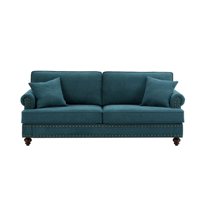 Green 82Modern Chenille 3 Seater Sofa Couch, with Brown Legs, 2 Pillow and Removable Cushions, Back