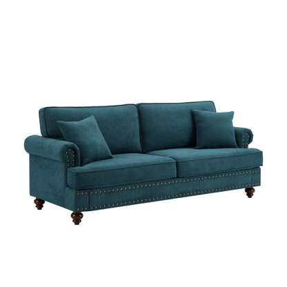 Green 82Modern Chenille 3 Seater Sofa Couch, with Brown Legs, 2 Pillow and Removable Cushions, Back