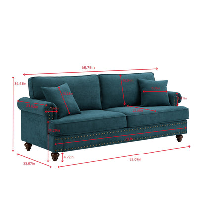 Green 82Modern Chenille 3 Seater Sofa Couch, with Brown Legs, 2 Pillow and Removable Cushions, Back