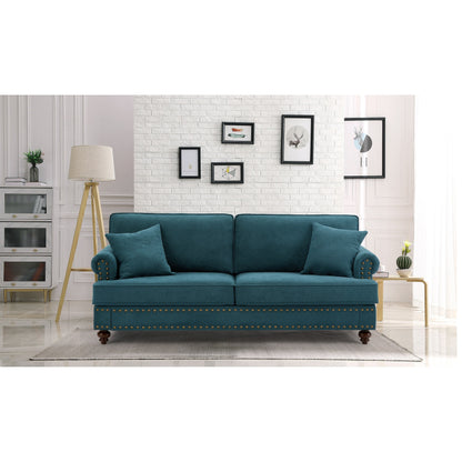 Green 82Modern Chenille 3 Seater Sofa Couch, with Brown Legs, 2 Pillow and Removable Cushions, Back