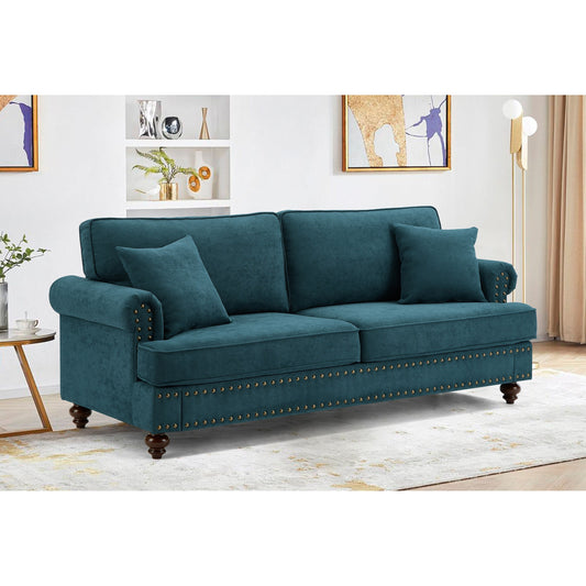 Green 82Modern Chenille 3 Seater Sofa Couch, with Brown Legs, 2 Pillow and Removable Cushions, Back