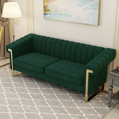 Green 83.85'' Velvet 3-Seater Couch with Decorative Armrests and Gold Accents