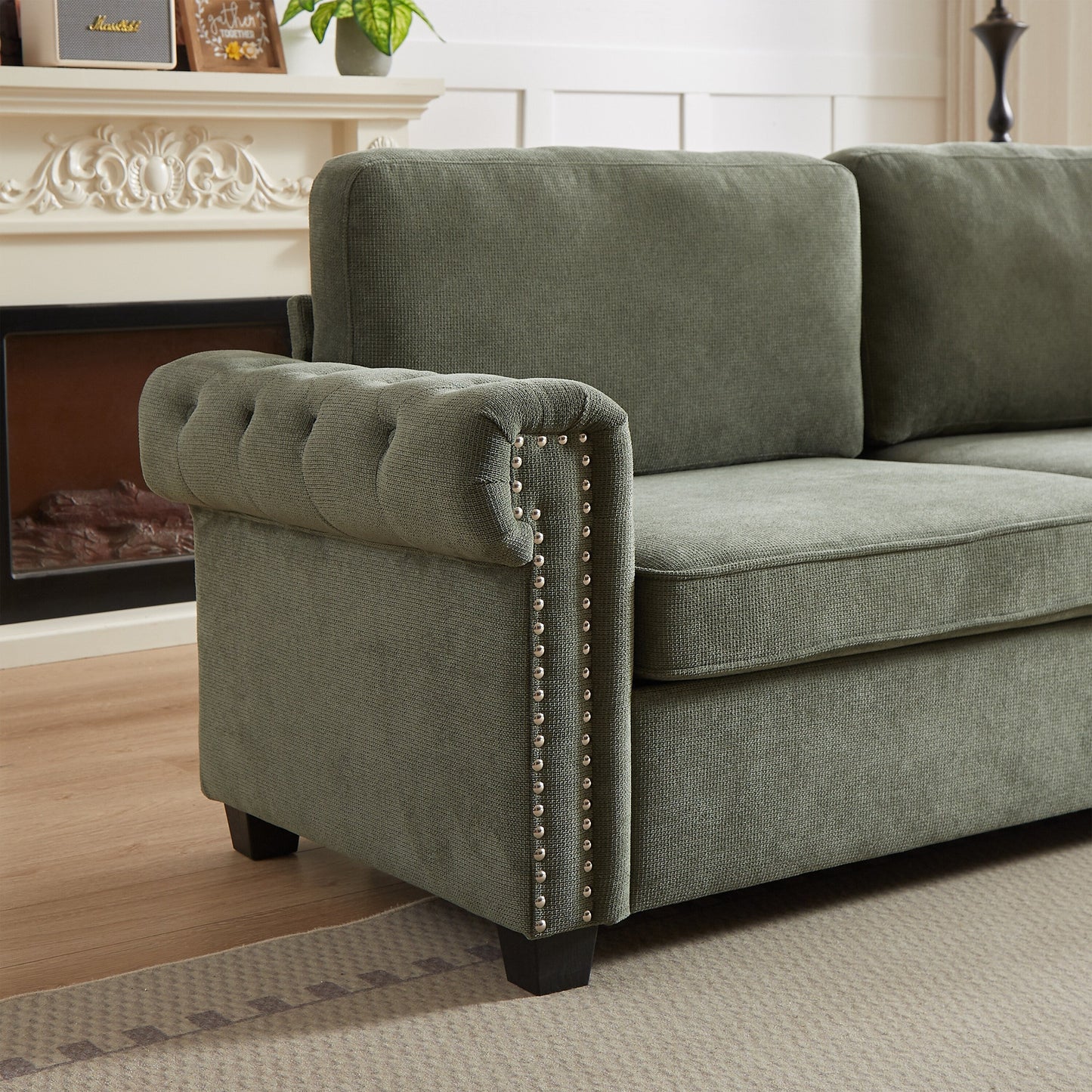 Green 83.8 2-in-1 Polyester 3-seater Nailheads Convertible Pullout Sofa Bed with Folding Mattress for Living Room