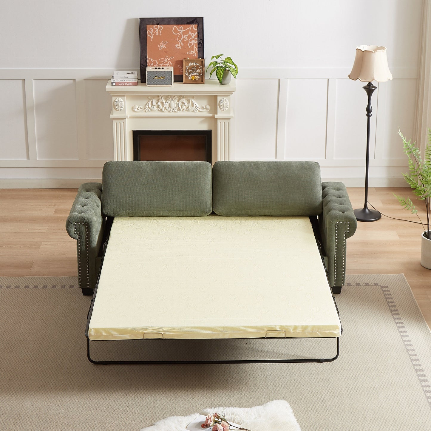 Green 83.8 2-in-1 Polyester 3-seater Nailheads Convertible Pullout Sofa Bed with Folding Mattress for Living Room