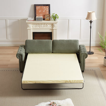 Green 83.8 2-in-1 Polyester 3-seater Nailheads Convertible Pullout Sofa Bed with Folding Mattress for Living Room