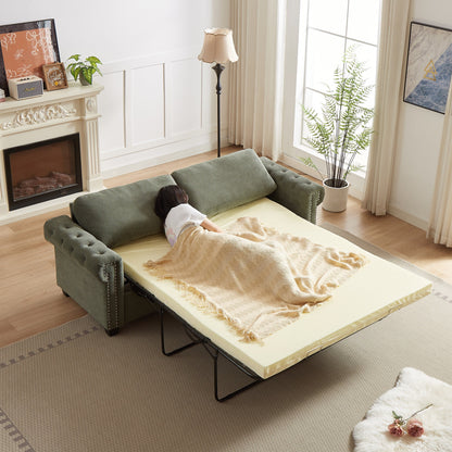 Green 83.8 2-in-1 Polyester 3-seater Nailheads Convertible Pullout Sofa Bed with Folding Mattress for Living Room