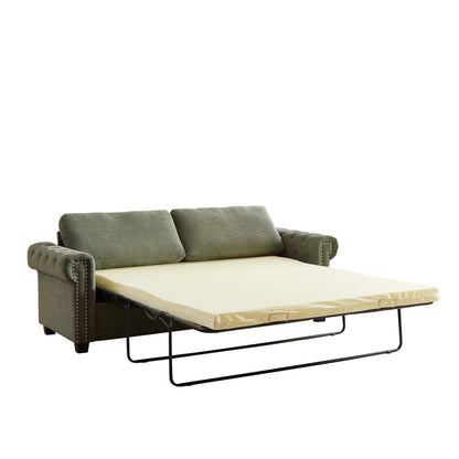 Green 83.8 2-in-1 Polyester 3-seater Nailheads Convertible Pullout Sofa Bed with Folding Mattress for Living Room