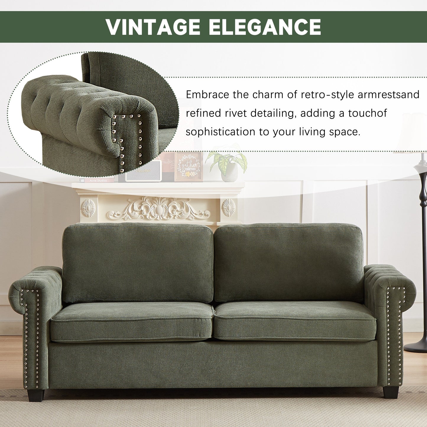 Green 83.8 2-in-1 Polyester 3-seater Nailheads Convertible Pullout Sofa Bed with Folding Mattress for Living Room
