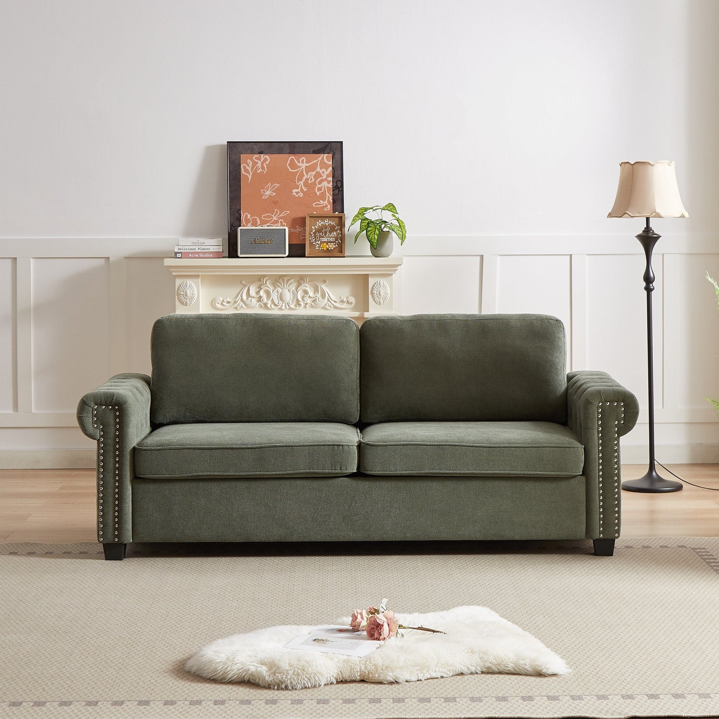 Green 83.8 2-in-1 Polyester 3-seater Nailheads Convertible Pullout Sofa Bed with Folding Mattress for Living Room