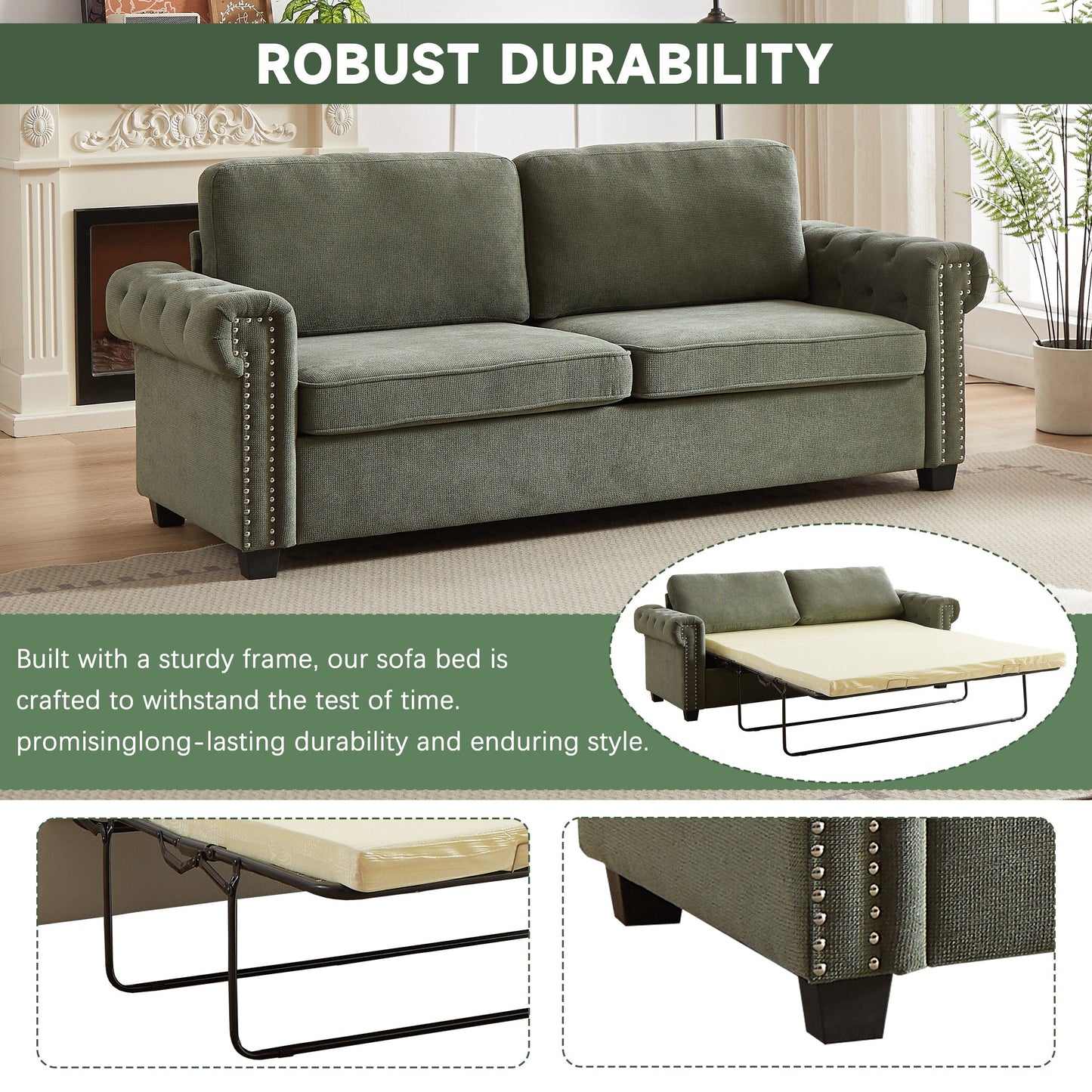 Green 83.8 2-in-1 Polyester 3-seater Nailheads Convertible Pullout Sofa Bed with Folding Mattress for Living Room