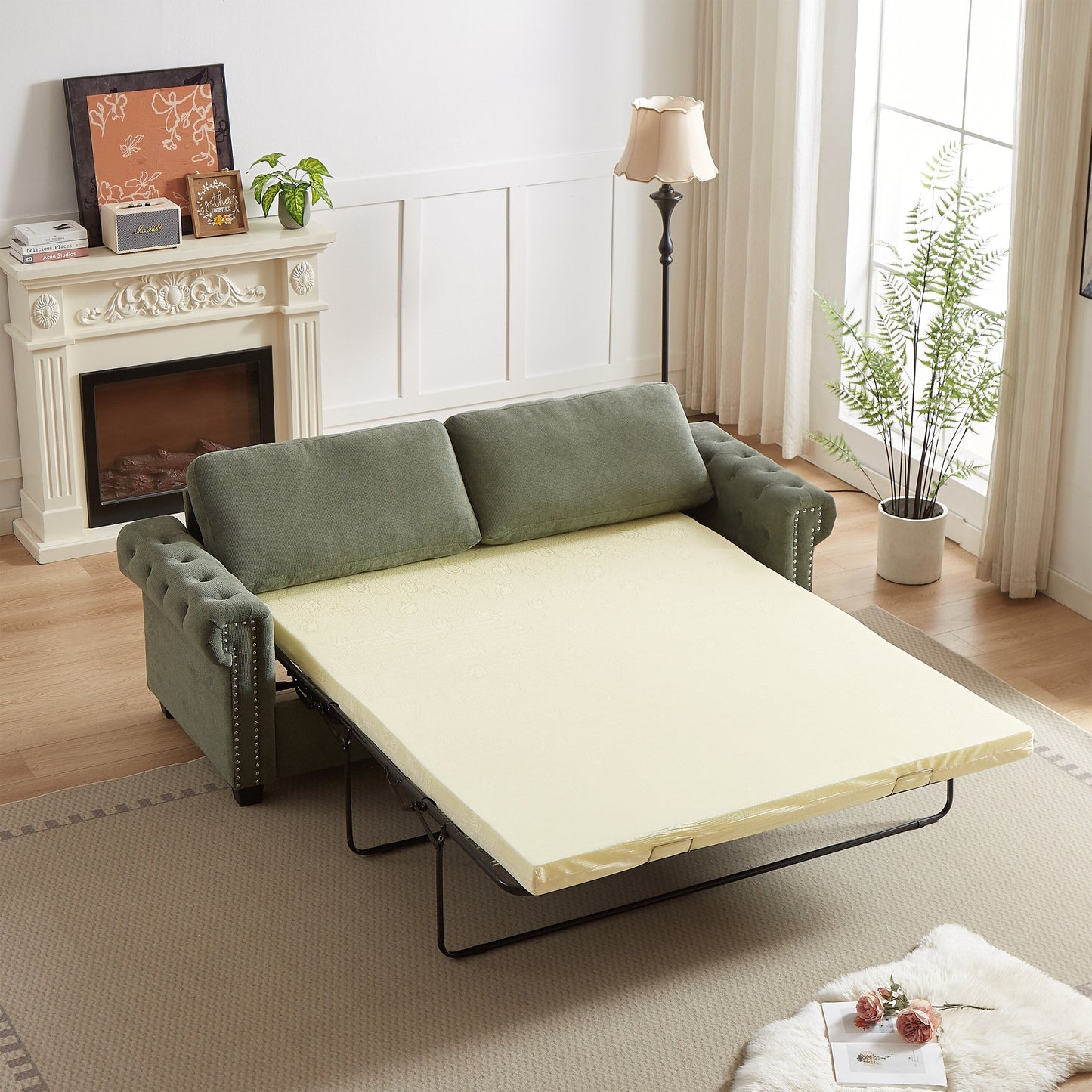 Green 83.8 2-in-1 Polyester 3-seater Nailheads Convertible Pullout Sofa Bed with Folding Mattress for Living Room
