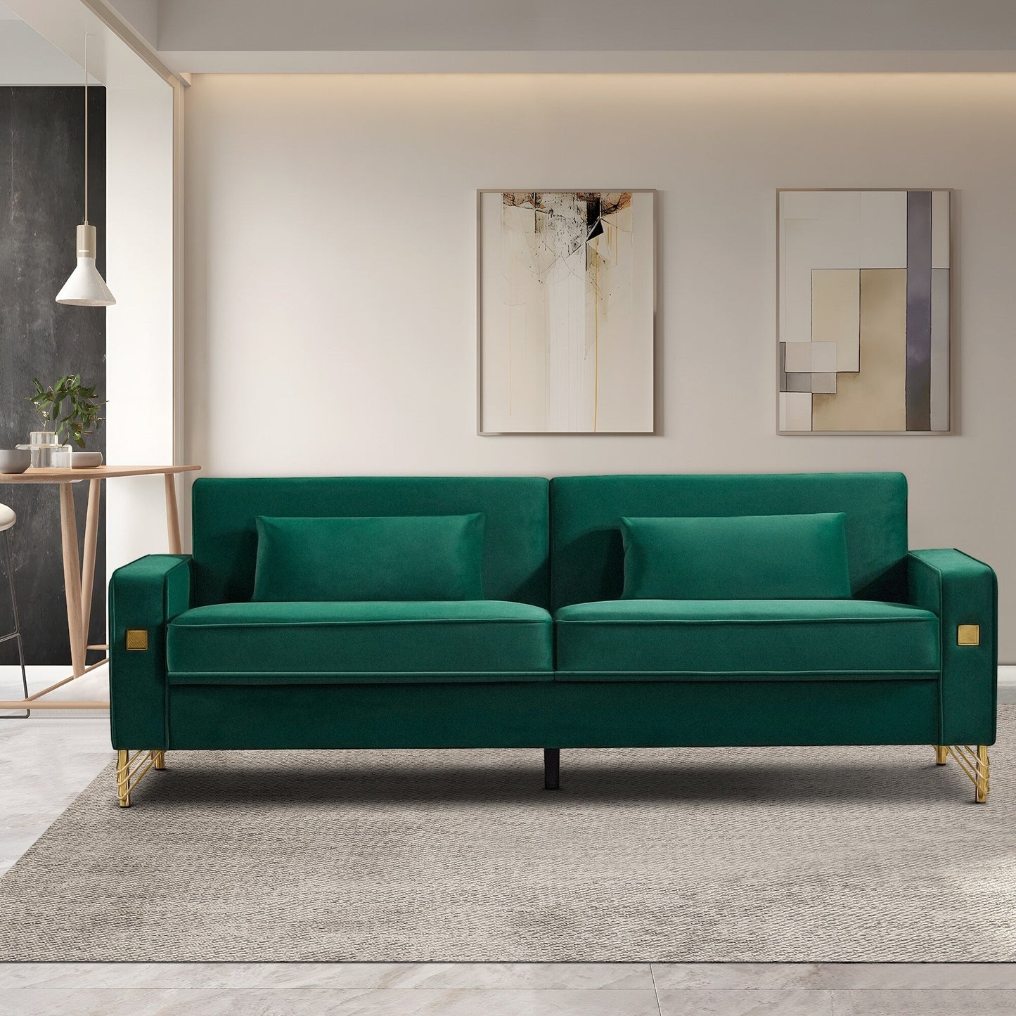 Green 85.44'' Modern Velvet 3-Seater Sofa with 2 Pillows, Gold Metal Legs, High-Density Foam, Timeless Elegance