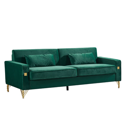 Green 85.44'' Velvet 3-Seater Sofa with 2 Pillows, Gold Metal Legs, High-Density Foam