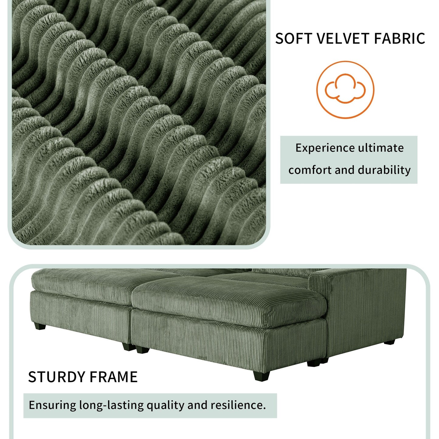 Green 90'' Corduroy 2-Seater Sleeper Sofa with Removable Cushions, 2 Pillows, and Detachable Ottomans